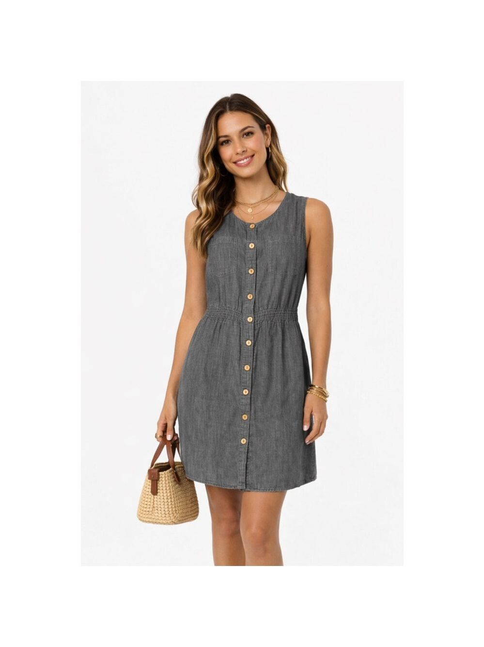 GRAMICCI 100% Organic Cotton Sleeveless Mini Dress Button Front Elastic Waist